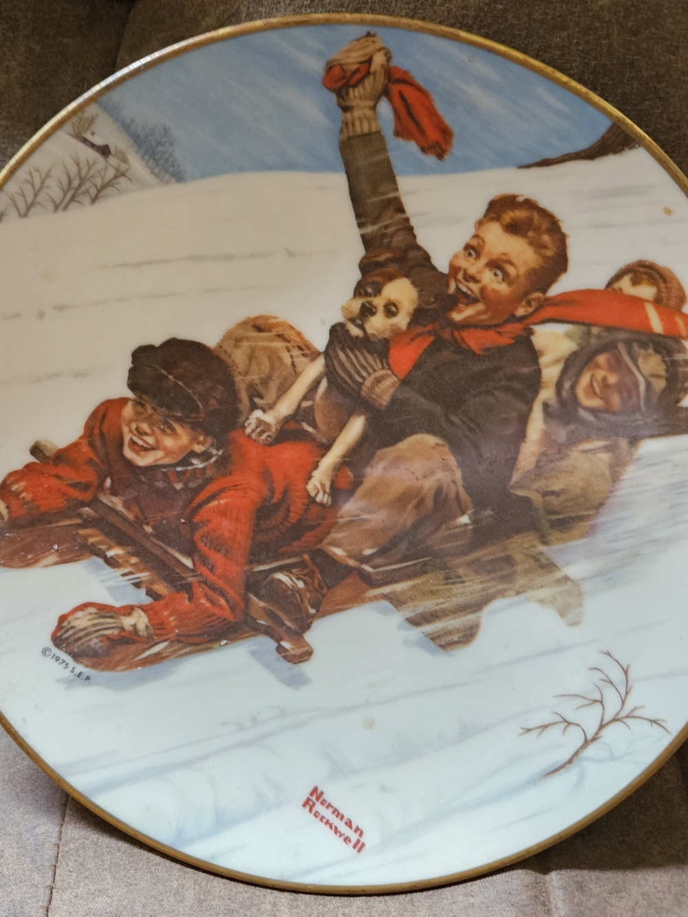 Vintage Norman Rockwell Holiday Sledding Decorative Plate - Gold Trim